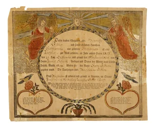 Certificado de Nascimento e Batismal, c. 1815 (gravura em madeira colorida à mão sobre papel)